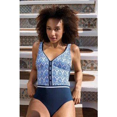Afbeelding van Sunflair Badpak Dames Blauw/Wit Mozaïekpatroon V Hals &amp; Corrigerend Effect Voorgevormde Cups Maat 48 C Cup