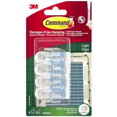 Afbeelding van Command Transparante lichtclips voor buiten met plakstrips 8 mini haken en 10 kleine decoratieclips hanglampen schadevrij ophangen