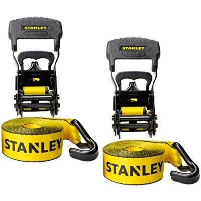 Afbeelding van STANLEY S1007 Zwart/Geel 3,8 cm x 16&#039; Ratchet Tie Down Straps 0,5 kg Veilige werklast/1,5 breuksterkte, 2 Pack