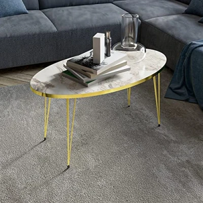 Afbeelding van Salontafel Skævinge ovaal 43x90x50 cm marmer wit en goudkleurig