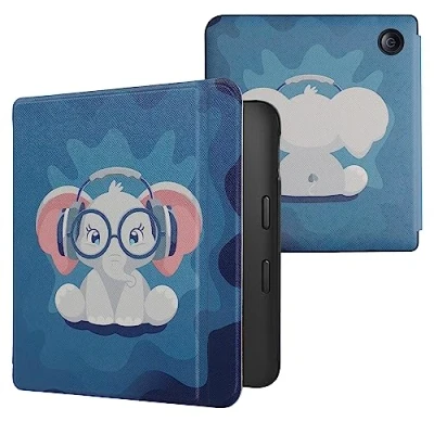 Afbeelding van kwmobile E reader hoesje geschikt voor Kobo Libra 2 hoes flip case met magnetische sluiting Ereader cover Schattige olifant design in lichtblauw / donkerblauw grijs