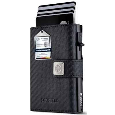 Afbeelding van SF SCOFIELD Trinity Slim Wallet met muntvak, premium creditcardhouder voor heren, 10 12 kaarten, RFID bescherming, portemonnee mannen, smart wallet, Carbon mat zwart, S Münzfach, Modern