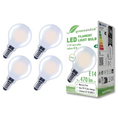 Afbeelding van greenandco 4 x matte led filamentlampen, E14, G45, 2,2 W, 470 lm, vervangt 40 2700 K, warm wit, 320 graden, 230 V, flikkervrij, energieklasse A, niet dimbaar