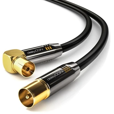 Afbeelding van deleyCON 7,5m TV Antennekabel HDTV Full HD 1x Hoekig Coaxkabel Stekker (Recht) naar Aansluiting (90 Graden) Metalen Zwart