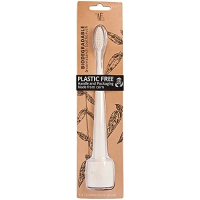 Afbeelding van The Natural Family Co. Bio Toothbrush and Stand, Soft Nylon Bristles with Non GMO Cornstarch Handles, Plastic Free Packaging Ivory Desert
