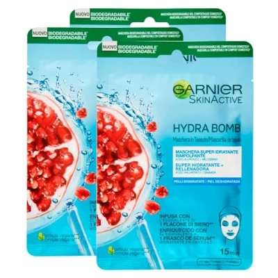Afbeelding van Garnier SkinActive Hydra Bomb Super hydraterend en verkwikkend gezichtsmasker van stof met granaatappel hyaluronzuur 3 wegwerpmaskers