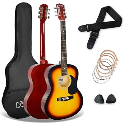 Afbeelding van 3rd Avenue 4/4 formaat akoestische gitaar staalsnaarpakket voor beginners, tas, plectrums en reservesnaren sunburst