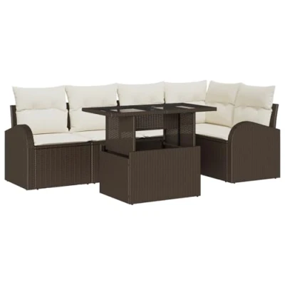 Afbeelding van vidaXL 6 delige Tuin Sofa Set met Kussens Bruin Poly Riet, 2 Zits Opslag &amp; Riet