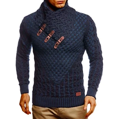 Afbeelding van Leif Nelson Gebreide trui voor heren met sjaalkraag, hoogwaardige wintertrui in regular fit, ideaal casual en zakelijke looks, verkrijgbaar verschillende maten kleuren, blauw, L