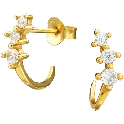 Afbeelding van JoyS Zilveren fantasie oorringen stud zirkonia 13 mm / 3 licht gebogen 14k goudplating