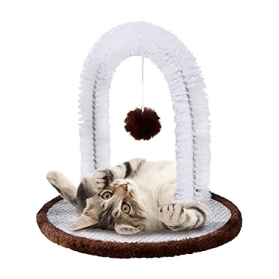 Afbeelding van Cat Arch Self Groomer Massager, Kattenhaar Masserende Borstel met Kat Krabkussen en Plagen Bal, 3 in 1 Game Groomer, Koffie