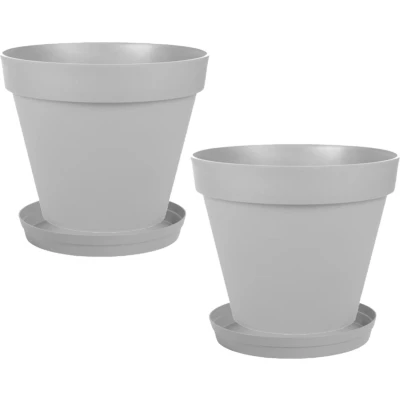 Afbeelding van Set van 2x stuks bloempotten Toscane kunststof grijs D20 x H17 cm inclusief onderschalen D15 Plantenpotten
