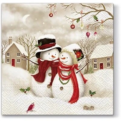 Afbeelding van 20 stuks papieren servetten, sneeuwman paar, bomen, Kerstmis, winter, 33 x cm