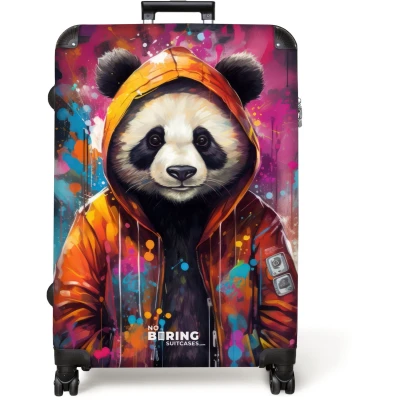 Afbeelding van NoBoringSuitcases.com® Koffer groot Reiskoffer lichtgewicht Panda met oranje jas en verfspetters Rolkoffer 4 wielen Grote trolley XL 98 liter bagage
