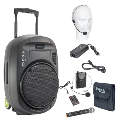 Afbeelding van Ibiza PORT15VHF MKII 800 Watt mobiel geluidssysteem 15 inch VHF Met USB MP3, VOX, Bluetooth en 2 draadloze microfoons