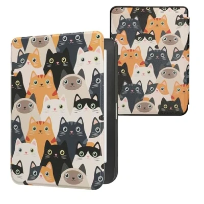 Afbeelding van kwmobile E reader hoesje geschikt voor Kobo Clara HD hoes flip case met magnetische sluiting Ereader cover Katten design in oranje / zwart wit