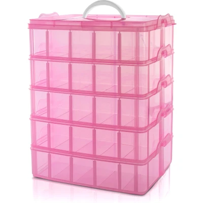 Afbeelding van Belle Vous 5 Laags Hoge Roze Transparante Plastic Stapelbare Opslag Doos Aanpasbare Compartiment slots Maximaal 50 Compartimenten Container Voor het Opslaan van Speelgoed, Sieraden, Kralen