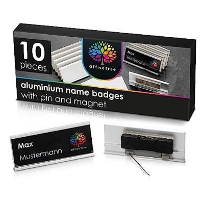 Afbeelding van iLP Aluminium naambordjes, complete set met dubbele magneet en clip, voor naaldbevestiging, professionele kwaliteit, modieus gewelfd, ca. 72 x 32 mm.