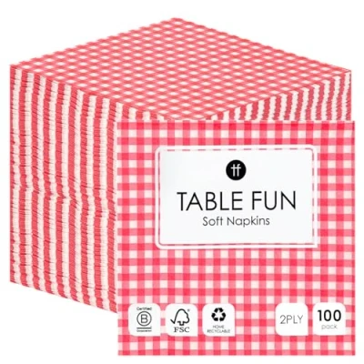 Afbeelding van Talking Tables 100 x papieren servetten rood geruit zacht voor verjaardagen, bruiloften, Kerstmis, catering, servies, wegwerpservetten, recyclebaar, gemaakt in de EU, 2 laags, 33 cm, stuks