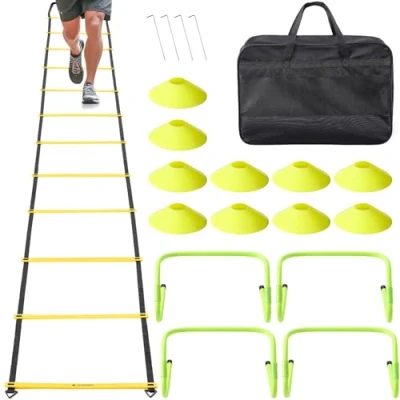Afbeelding van Navaris fitness en Voetbal trainingsmateriaal Loopladder 6 meter Verstelbare hordes pionnen Inclusief draagtas haringen Geel