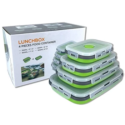 Afbeelding van Beeptrum Opvouwbare siliconen voedselopslagcontainer met deksel, draagbare lunch, bentobox, outdoor picknickbox, ruimtebesparend, magnetron, vaatwasser en vriezer, set van 4 (groen)