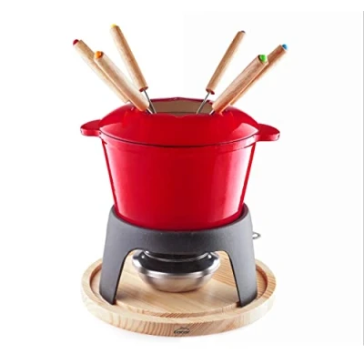 Afbeelding van Lacor Fondueset van geëmailleerd ijzer, ijzeren standaard met houten sokkel, geschikt voor inductie, 6 pezen, Ø 16,5 x 10 cm (1,7 liter), rood