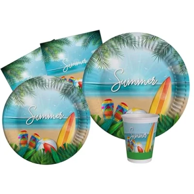 Afbeelding van Party Tableware Set Summer for 24 people (112 pcs: plates Ø23cm, Ø18cm, cups 200ml, 40 napkins 33x33cm) in eco friendly compostable paper