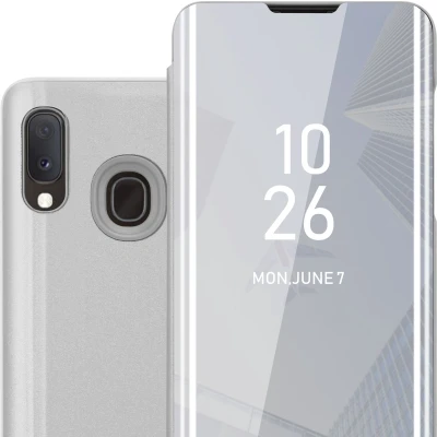 Afbeelding van Cadorabo Hoesje geschikt voor Samsung Galaxy A10e / A20e in AGAAT ZILVER Clear View Spiegel Beschermende Case met Tribunefunctie 360 Graden Bescherming Book Cover Etui