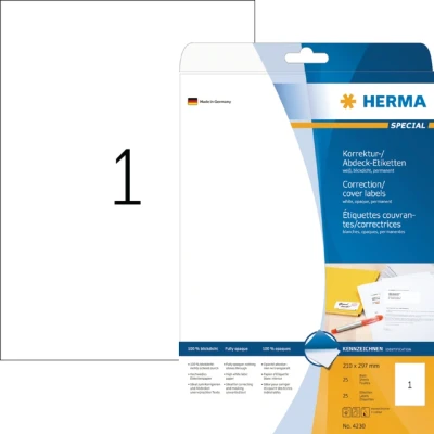 Afbeelding van Etiket HERMA 4230 210x297mm A4 correctie wit 25stuks