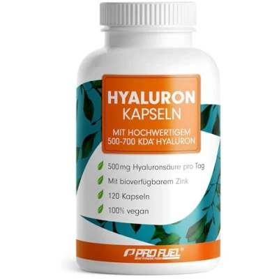 Afbeelding van hyaluron capsules 120x optimaal hoge dosis met 500 mg per dag hoogwaardig 700 kDa hyaluronzuur + 2 biologisch beschikbaar zink laboratorium getest certificaat 100%