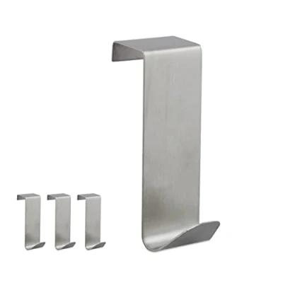 Afbeelding van Relaxdays deurhaken rvs, 4 stuks, zonder boren, ophanghaken voor slaapkamer, keuken &amp; badkamer, HBD 6,5x7x5 cm, zilver