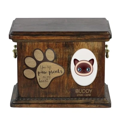 Afbeelding van Art Dog Custom Cat Memorial Urn Handgemaakte houten kist met keramische plaat Gepersonaliseerde kattencrematiedoos 8,3x11,4x8,7 Siamees