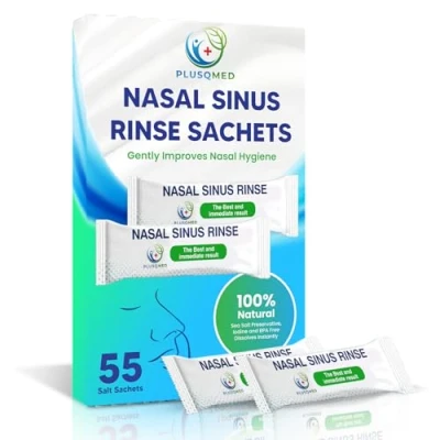 Afbeelding van PLUSQMED Doos met 55 stuks neusspoelzout 2.7 g pakketten, Neti Pot zout, neusirrigaat sinusverlichting, neuswassing.