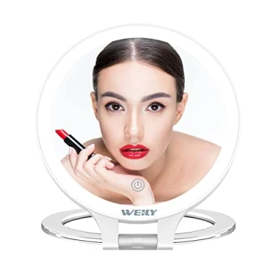 Afbeelding van WEILY Vergrootspiegel 10X/1X, dubbelzijdige tafelblad spiegel met 3 kleuren lampen, oplaadbare LED cosmetische verstelbare inklapbare handgreep voor make up(wit)