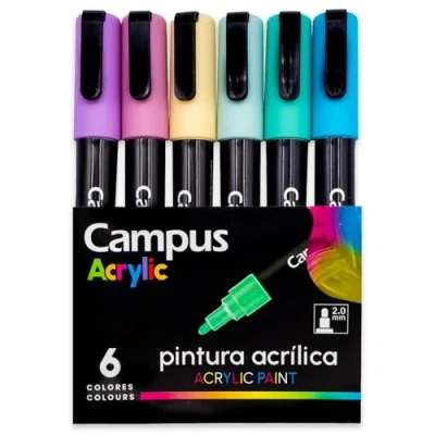 Afbeelding van Campus Acrylstiften, verpakking met 2 mm ronde punt, niet permanente marker op waterbasis, dekkende en sneldrogende acrylstiften (6 pastelkleuren)