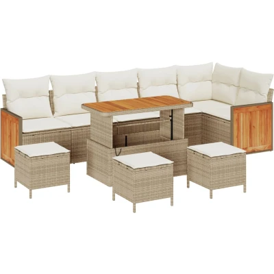Afbeelding van vidaXL 10 delige tuinsofa set met kussens beige poly riet acacia, 2 zit riet, 4 tuin eetset acacia