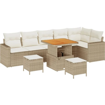 Afbeelding van vidaXL 9 delige Tuin Sofa Set met Kussens Beige Poly Riet Acacia, 3 Eet Acacia