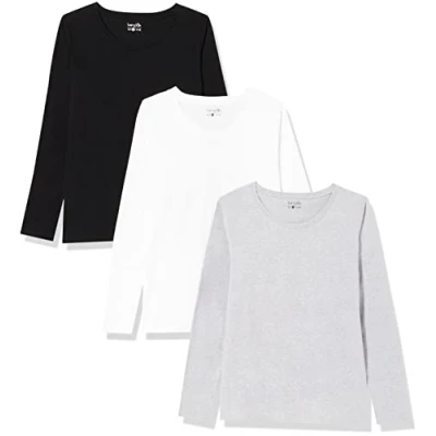 Afbeelding van Berydale Dames Shirt met lange mouwen en ronde hals, gemaakt van 100% katoen, Zwart/wit/grijs, set 3, L