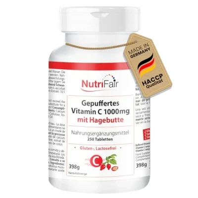 Afbeelding van Gebufferde vitamine C 1000mg met rozenbottel per tablet 250 tabletten hoge dosering 100% veganistisch Duitse productie &amp; laboratoriumtests NutriFair Premium Fair