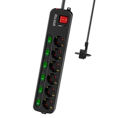 Afbeelding van RealMade stekkerdoos, afzonderlijk schakelbaar, 6 voudig meervoudig stopcontact met 1 USB en TYP C aansluitingen (5 V, 2,4 A), 3680 W wandmontage, 5 m kabel, kinderbeveiliging, stopcontact, zwart
