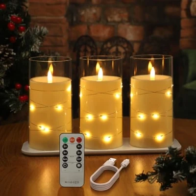 Afbeelding van EXTSUD 3 stuks led kaarsen met lichtketting en timer, oplaadbare afstandsbediening, vlamloze kaarsen, elektrische voor woning, decoratie, Kerstmis, verjaardag, wit