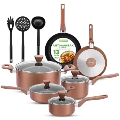 Afbeelding van NutriChef Pannenset Inductie 13 delige Antiaanbak Kookpannenset Hittebestendige Keukenset met Steelpan Koekenpannen Kookpotten Casserole Deksels en Keukengerei Bruin
