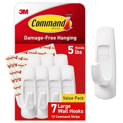 Afbeelding van Command Grote utility haken, beschadigingsvrije hangende wandhaken met plakstrip, geen gereedschap, voor het ophangen van kerstdecoraties, 7 witte haken en 12 strepen