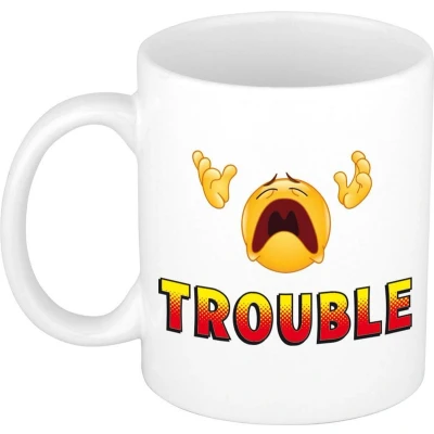 Afbeelding van Trouble cadeau mok / beker wit met smiley kado collega feest mokken
