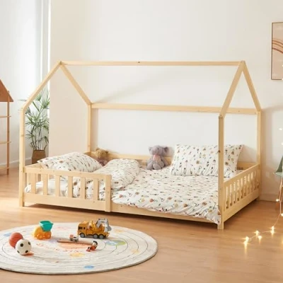 Afbeelding van Kinderbed Hesel huisbed met uitvalbeveiliging 120x200 cm houtkleurig [en.casa]