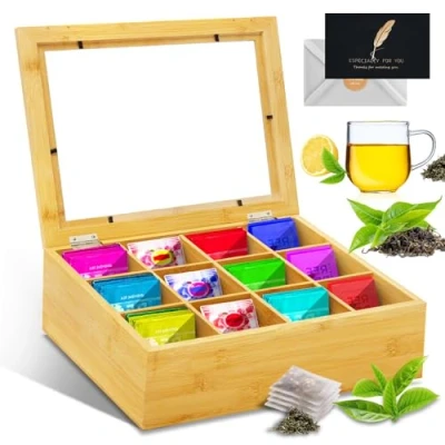Afbeelding van UCAMP Theebox, theedoos met 12 vakken van hout, theezakjesbox natuurlijk aromabescherming, deksel acrylglas, voor theezakjes en bladeren