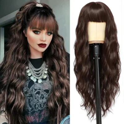 Afbeelding van YEESHEDO Dames donkerbruin, lange golvende krullende pruik, natuurlijke kleur, lang krullend, vol haar, pruik met pony, voor vrouwen, 71 cm (donkerbruin)