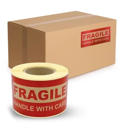 Afbeelding van MD Labels KRAFT etiketten op rol, 100 x 50 mm, 200 labels, fragile, handvat met zorg, verzendinformatie, zelfklevende etiketten, fragiele stickers