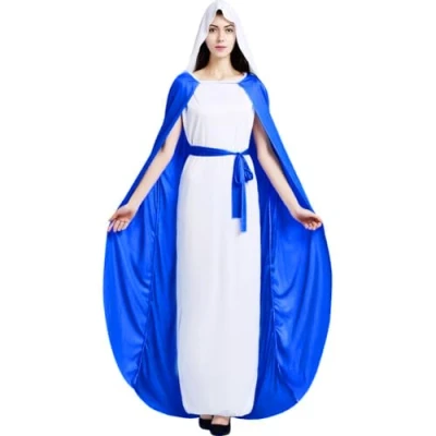 Afbeelding van Wudaizhi Kostuums Maagd Maria kostuum voor volwassenen, kerststal Fancy Dress Hooded Mantel lang Cosplay vrouwen