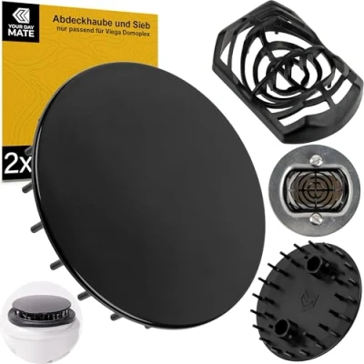 Afbeelding van Douche afvoerdekselset met haarvanger, Ø 75 mm, in zwart, compatibel Viega Domoplex 6928 en 6929, vervanging voor 6930.0, 649 968, reserveafvoerdeksel, badkuip, haarfilter, zeefinzetstuk,